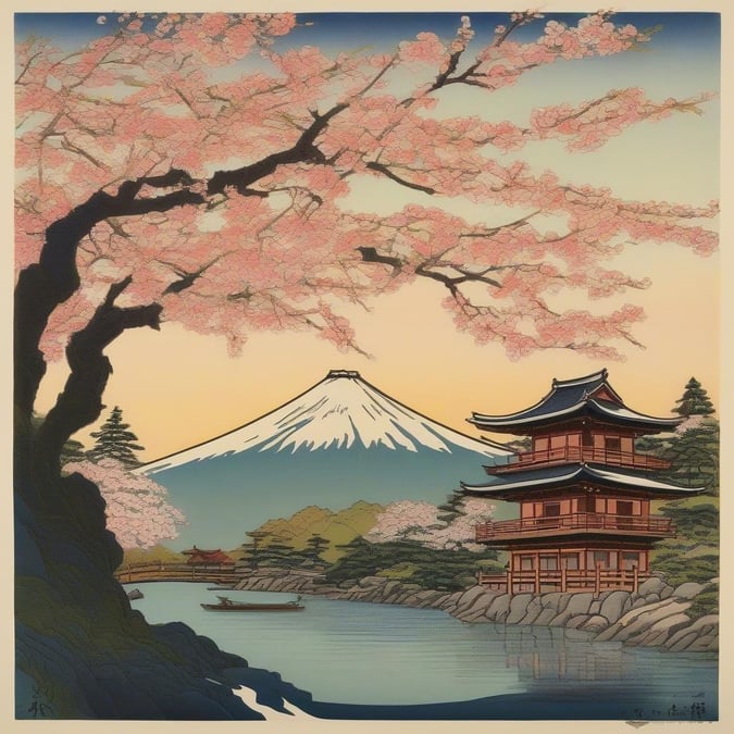 A tranquil scene capturing the beauty of Japan with its iconic mountain, cherry blossom blooms, and traditional temple.