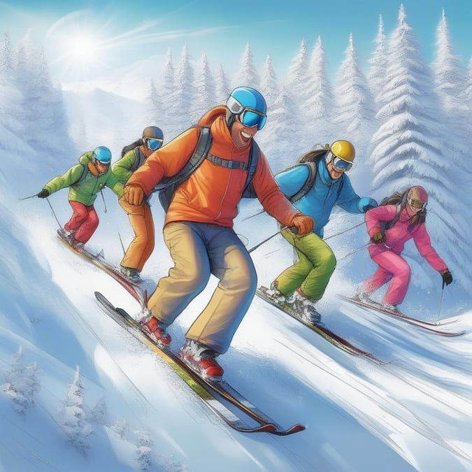 This beautiful winter scene features a group of skiers enjoying a day on the slopes. The snow-covered mountains provide a stunning backdrop for the skiers as they glide down the mountain, their skis carving through the fresh powder. The image captures the joy and excitement of skiing in the snowy mountains.