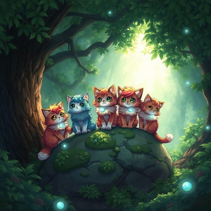 A magical gathering of charming feline creatures in an enchanted forest. Their glowing orbs add a mystical touch to the scene, with lush greenery and a mysterious light source creating a captivating atmosphere.