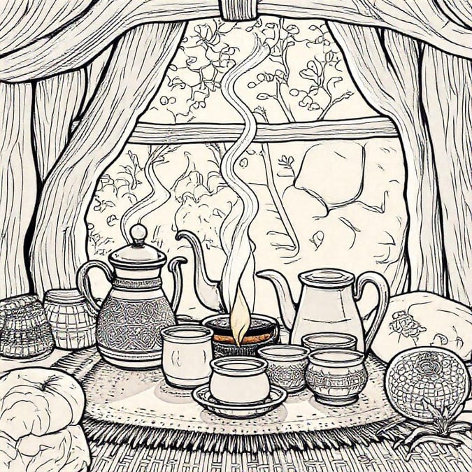 A cozy indoor scene where an array of teapots are steaming, suggesting a gathering or tea time. The warm ambiance is emphasized by the steam and candlelight, evoking a sense of tradition and comfort.