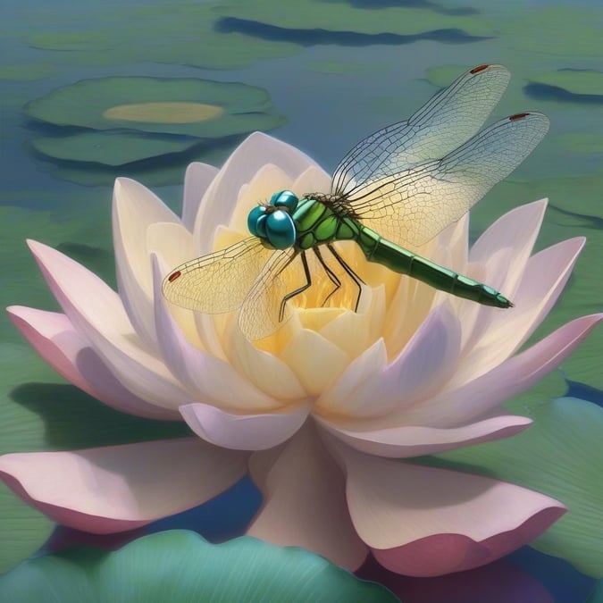 An enchanting scene featuring an exotic dragonfly perched delicately on a pink lotus flower, set against a tranquil background of water lilies in bloom.