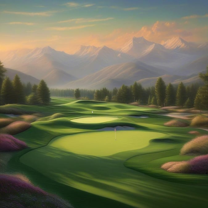 A picturesque golf course with a stunning mountain backdrop at sunset, ideal for a serene wallpaper.