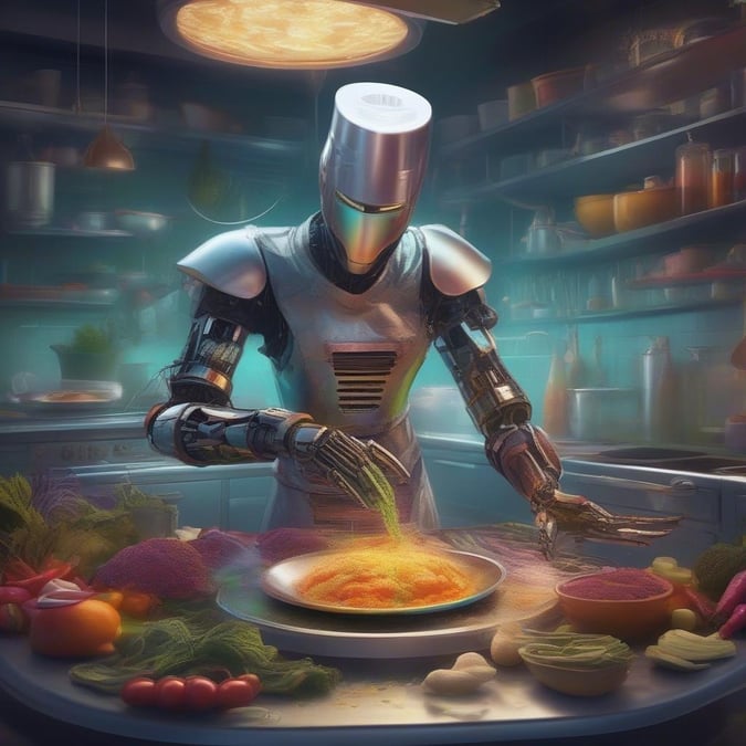 A robotic chef whips up a delicious meal with fresh ingredients.