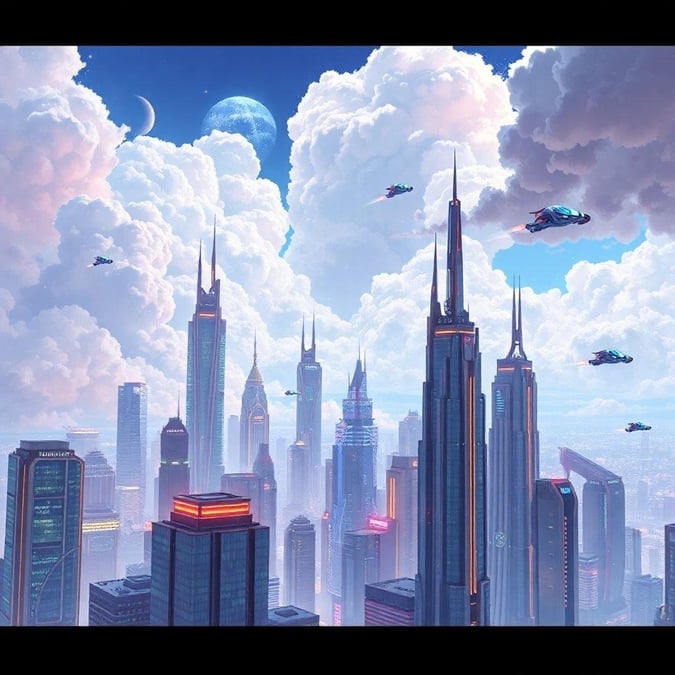 Experience the vibrant world of anime with this stunning cityscape wallpaper, featuring futuristic skyscrapers and flying cars amidst a cloudy sky.