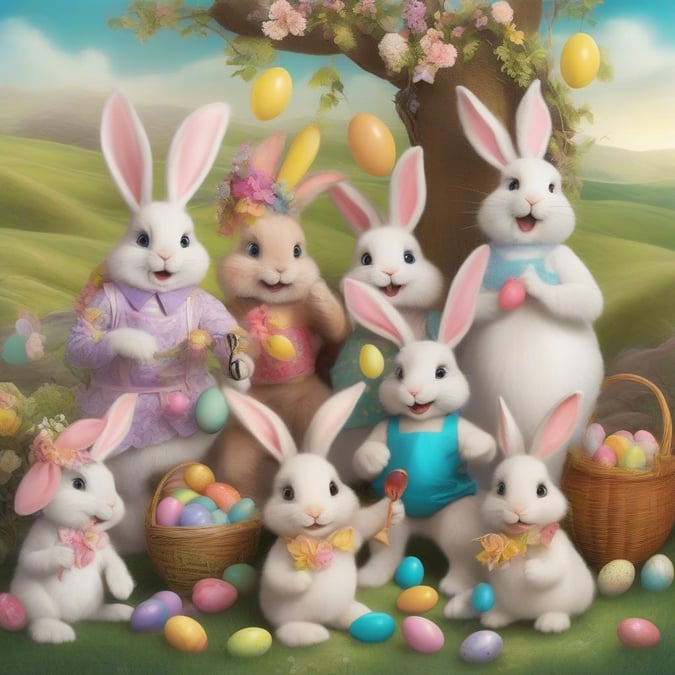 This wallpaper features a delightful Easter bunny family enjoying a joyful moment together. The bunnies are surrounded by colorful eggs, adding a pop of vibrancy to the scene. The image exudes a sense of happiness and togetherness, perfect for the Easter season.