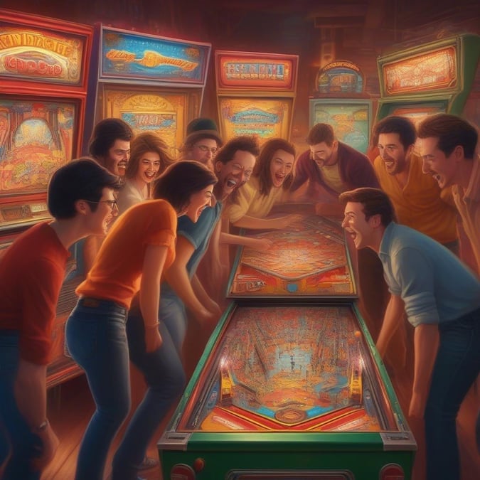 A group of people, likely friends, gather around vintage arcade machines, laughing and enjoying themselves. The atmosphere is lively and nostalgic, with the warm glow of neon lights reflecting off the players' faces.