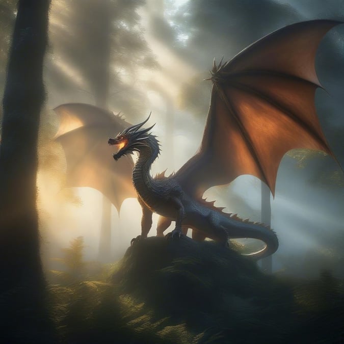 A majestic dragon stands proudly in a dense forest, its wings spread wide and its mouth open in a fierce roar.