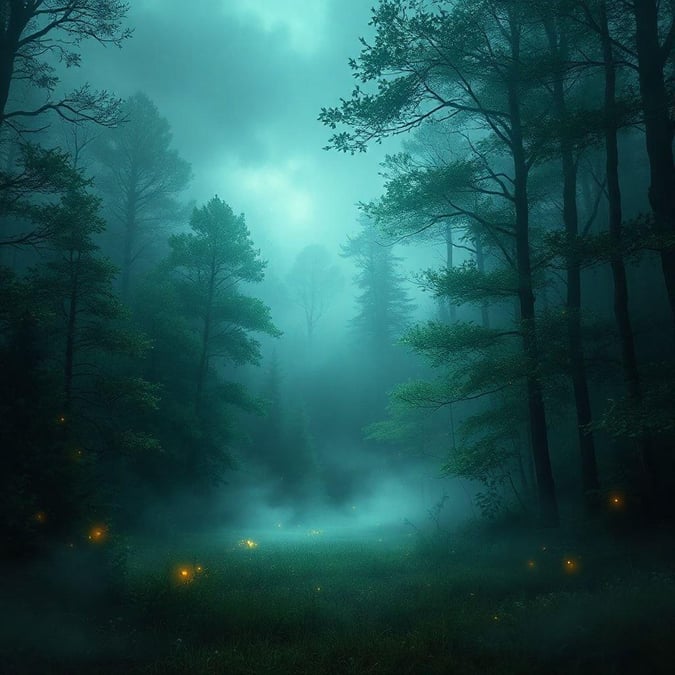 This foggy night in the forest takes us on a mystical journey where light from magical creatures illuminates the mist, transforming our path into a fairy tale.