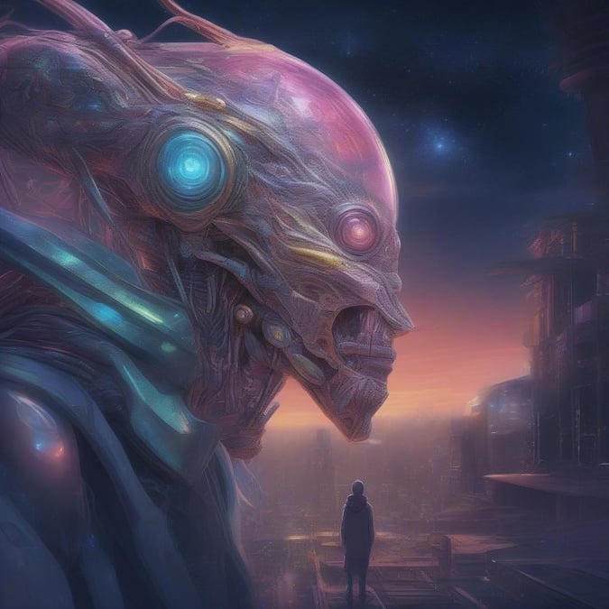 A cybernetic creature stands guard in the ruins, looking out into the neon-lit cityscape.