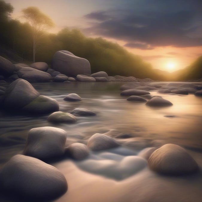 This serene wallpaper captures the beauty of a sunset over a river, perfect for desktop and mobile use.