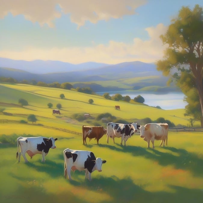 This wallpaper features a serene and peaceful scene of cows grazing in a lush green field. The image is perfect for anyone who loves nature and animals.