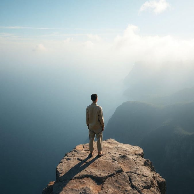 A man in casual attire gazes out at the breathtaking view of a rocky cliff overlooking an expansive ocean. The minimalistic wallpaper captures the serene beauty and solitude.