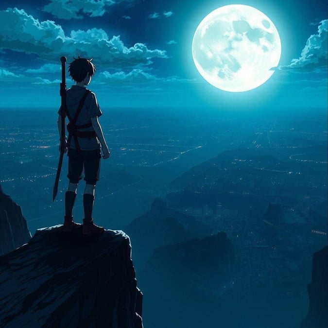 A stunning anime illustration of a young warrior standing at the edge of a cliff, bathed in the soft glow of a full moon. The scene is set against a backdrop of a serene cityscape, with the warrior's silhouette highlighted against the dark silhouettes below.