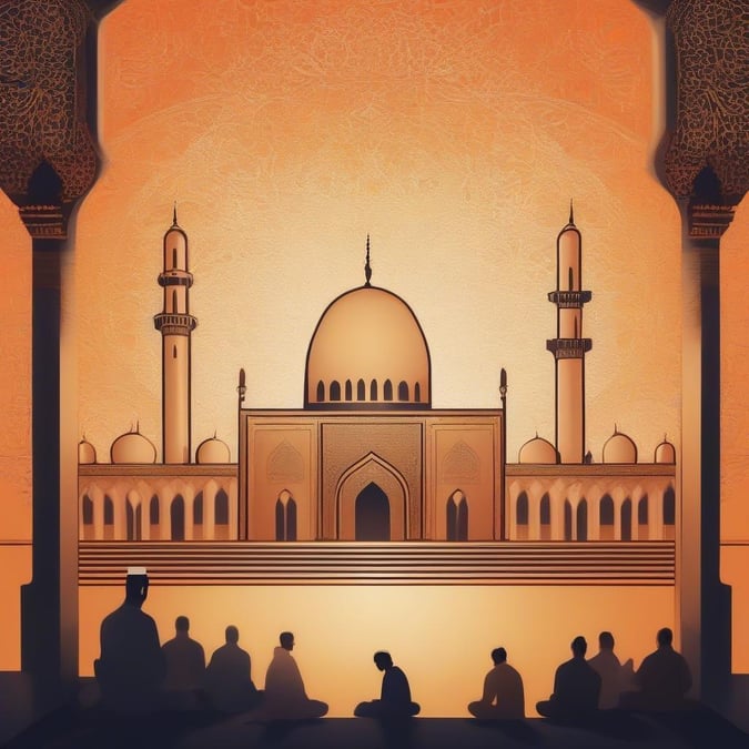 A serene scene of worship during Ramadan or Eid at a mosque, illuminated by warm golden lights. The tranquil ambiance captures the essence of devotion and unity.