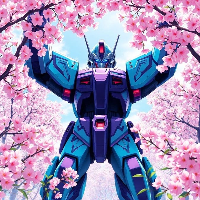 This anime-inspired wallpaper features a futuristic mecha robot hidden among cherry blossom trees. The robot's blue and purple body is adorned with intricate patterns and a red-lit helmet, while its arms are raised, revealing a mysterious blue face. The legs of the robot are partially hidden by the cherry blossom trees, adding a whimsical touch to the scene. This unique and captivating image is perfect for fans of anime and mecha robots.