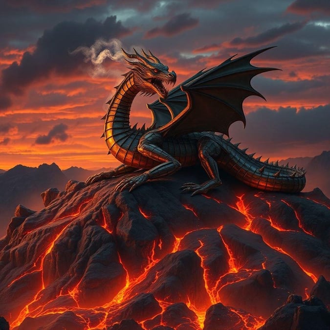 A majestic dragon sits atop a rocky outcropping, surrounded by a fiery glow that illuminates the dark sky.