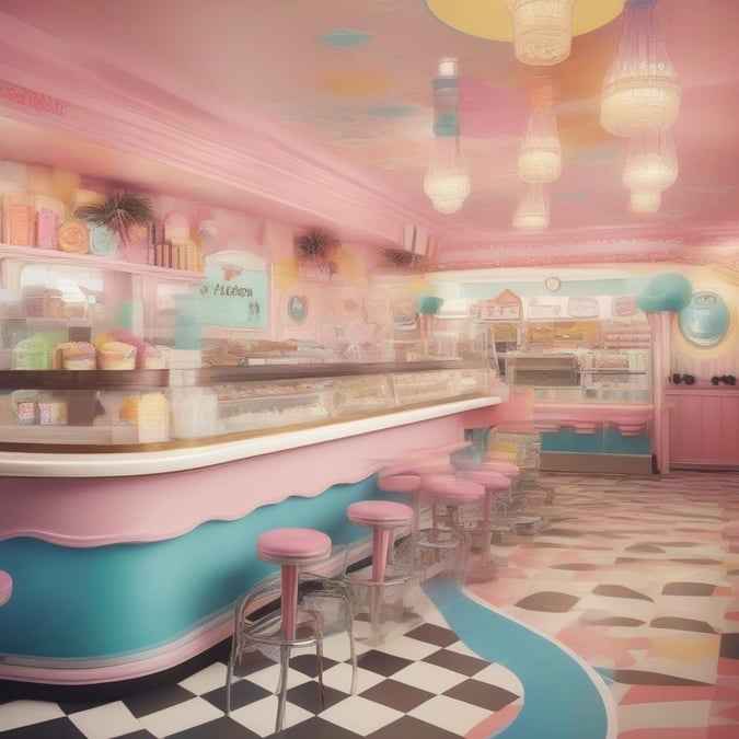 Step into a classic candy shop with a vibrant retro design. Sweets galore and a warm, nostalgic atmosphere.