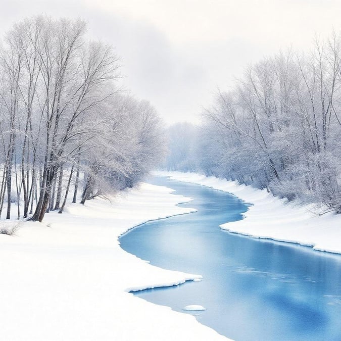 A serene view of a river flowing through a snowy landscape, likely during winter. The waterway is partially frozen with patches of blue ice and clear, moving sections.