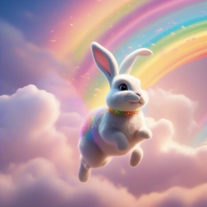 This magical bunny is spreading Easter cheer with a playful hop through the rainbow sky!