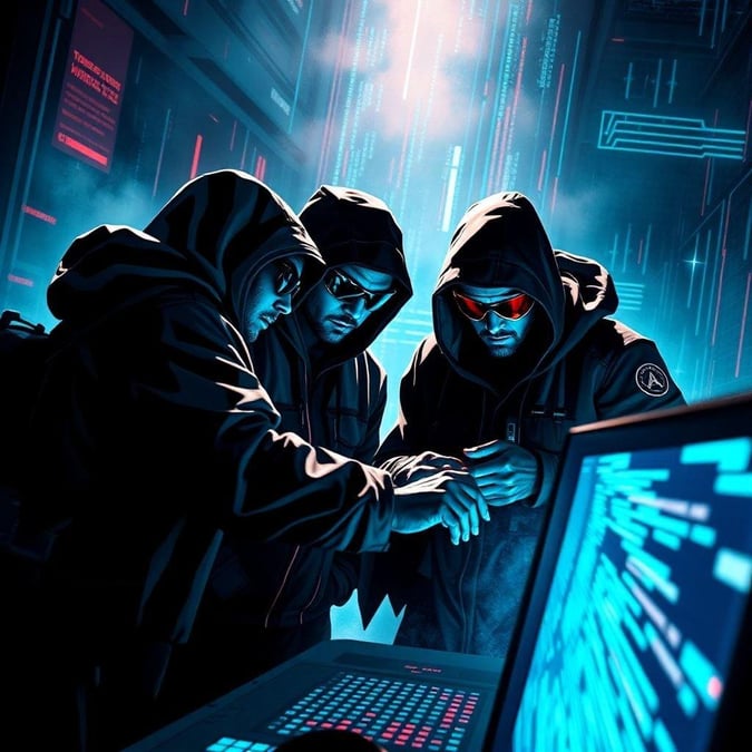 Two men in hoodies, surrounded by screens and code, working together in a dimly lit room.