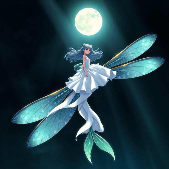 In a world where magic flows like the sea, a mermaid princess soars on the wings of a majestic dragonfly. Her white gown billows in the wind as she sails through the night sky, leaving a trail of enchantment behind her.