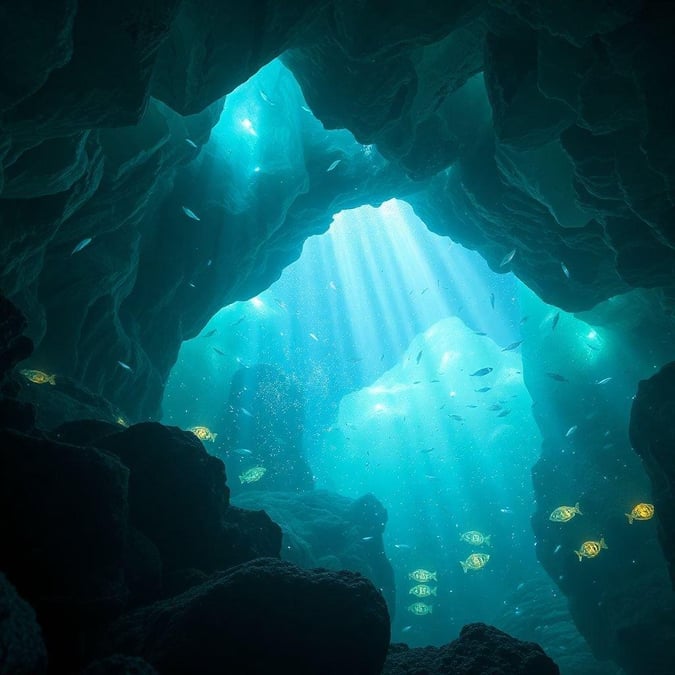 This stunning underwater scene showcases a large cave opening in the background, with sunlight filtering through the water and illuminating the surrounding rocks and fish. The vibrant colors of the fish and the soft light of the sun create a sense of wonder and awe.