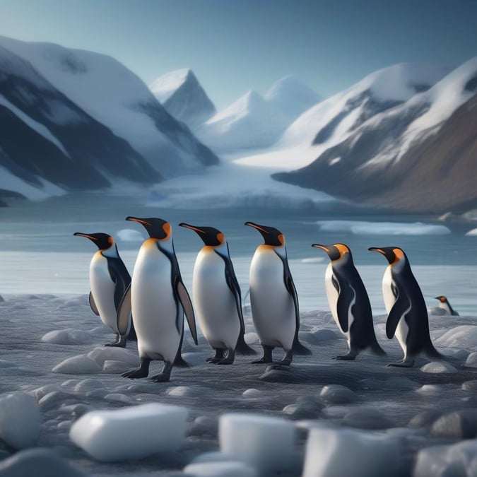 A captivating view of five penguins, their black bodies contrasted against the stark white ice, standing in front of a mountainous backdrop. This scene captures a moment of tranquility and natural beauty.