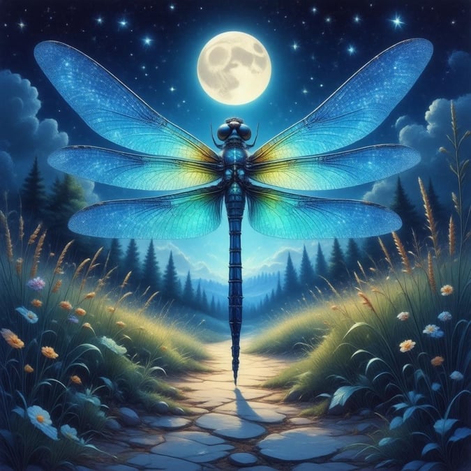 Step into a world of enchantment with this captivating wallpaper, where a majestic dragonfly takes center stage in a moonlit garden.