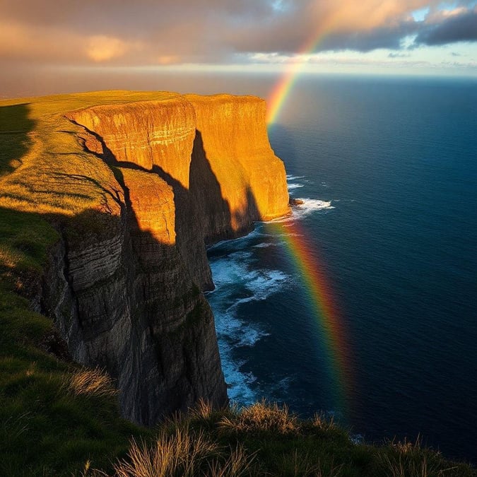 A stunning view of the Cliffs of Moher with a rainbow in the background, perfect for St. Patrick's Day