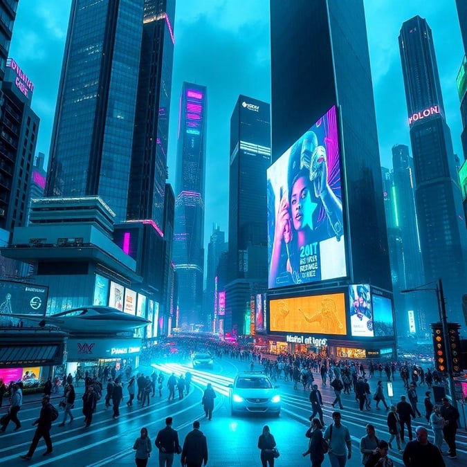 The iconic lights of Times Square illuminate the night sky, casting an otherworldly glow over the city. The high rise buildings stretch upwards, their windows shimmering with advertisements and reflections of the neon below. People bustle about on the sidewalks, adding a dynamic human element to this urban landscape. This is the heartbeat of New York City, captured in vivid color and detail.