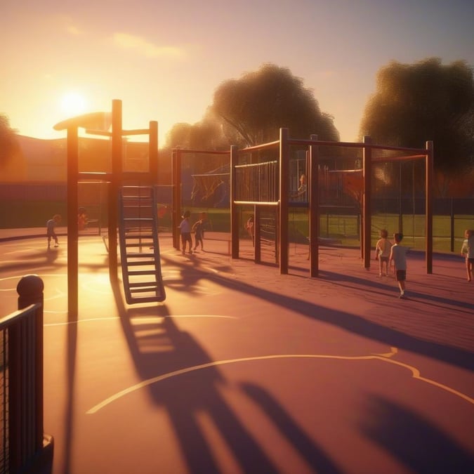 A lively scene at a park during sunset, with children enjoying playtime. The warm tones suggest an end-of-day setting, perfect for after-school activities.