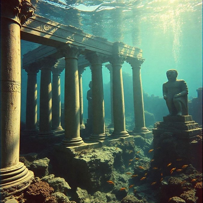 Exploring ancient submerged ruins with classical columns, a statue, and vibrant marine life.