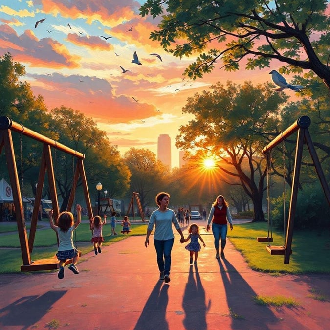 Casual family time in the park, enjoying the golden sunset. The evening breeze brings a relaxing atmosphere to this peaceful scene.