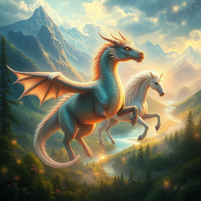 In the heart of an enchanted forest, a majestic dragon takes flight, soaring above its companion, the gentle unicorn. The scene is bathed in the warm glow of a setting or rising sun, casting a magical light over the verdant landscape and distant mountains.