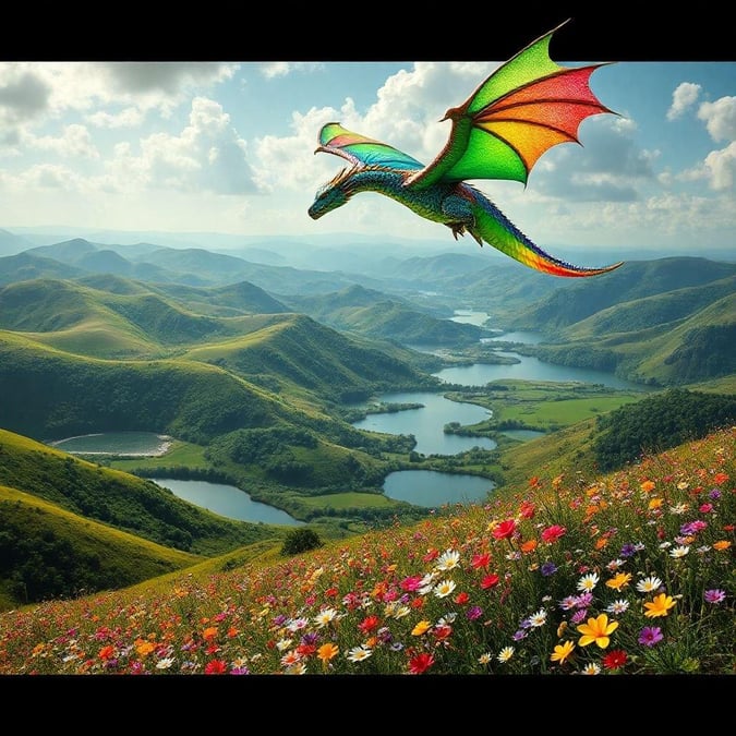 Celebrate the spirit of St. Patrick's Day with this mystical dragon soaring over a vibrant floral landscape, symbolizing the magic and joy that fills the air during the holiday.