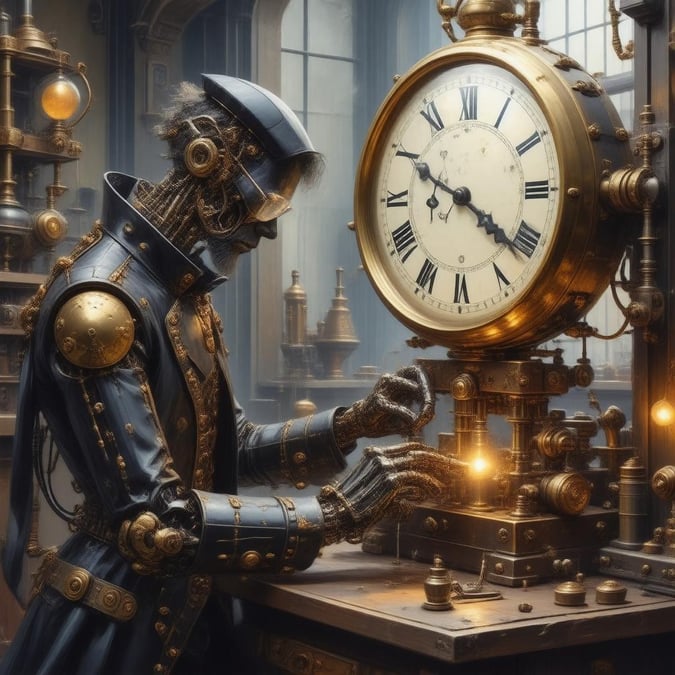 Step into a world of intricate clockwork and steampunk innovation with this captivating digital illustration. A skilled inventor, dressed in black and gold, meticulously works on a large clock in a dimly lit laboratory, surrounded by a fusion of mechanical and mechanical elements. The attention to detail in the robots and equipment creates a sense of quiet reflection, inviting you to explore the beauty of steampunk art.