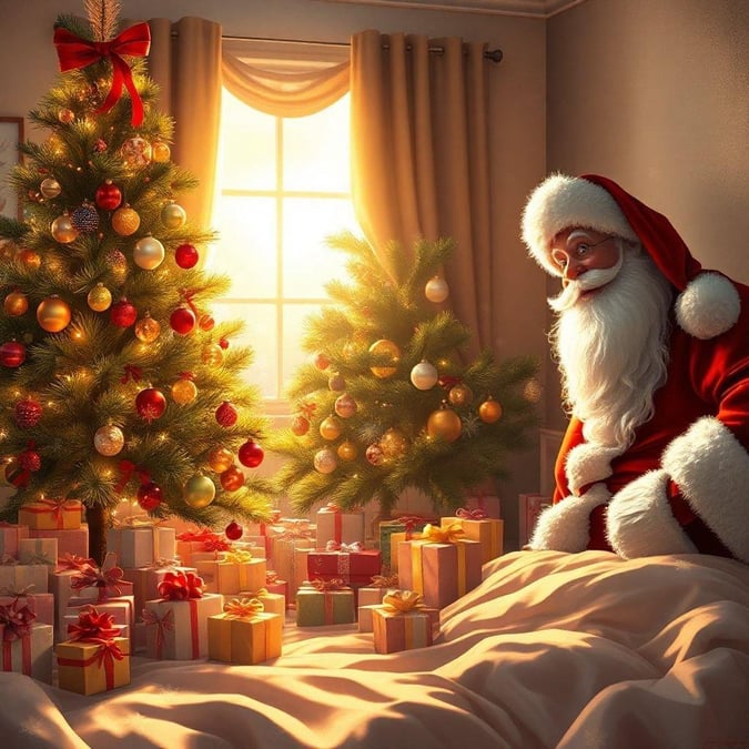 Santa Claus is sitting on a bed in a cozy bedroom, surrounded by Christmas decorations and presents.