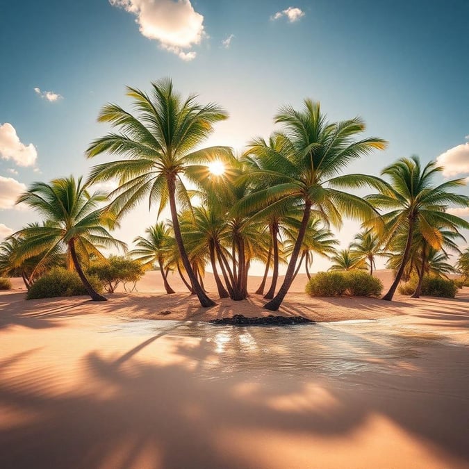 Escape to a tropical paradise with this stunning beach scene wallpaper, featuring palm trees, a bright blue sky, and warm golden sand.