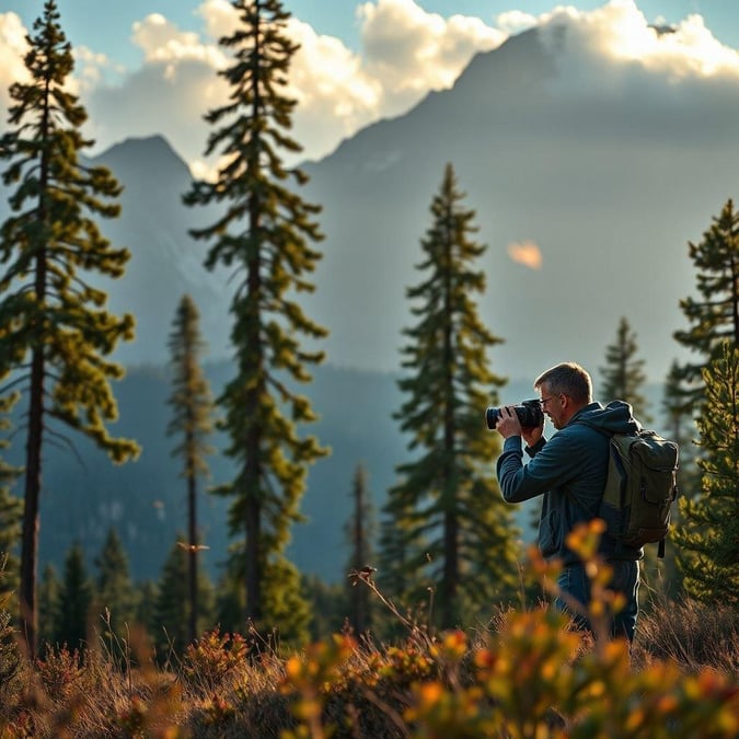 This stunning wallpaper showcases a man capturing the beauty of nature through photography, blending fashion and lifestyle in a picturesque setting.