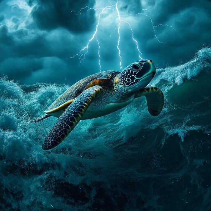 A vibrant turtle swimming beneath the surface, with lightning striking above in this powerful scene from nature.