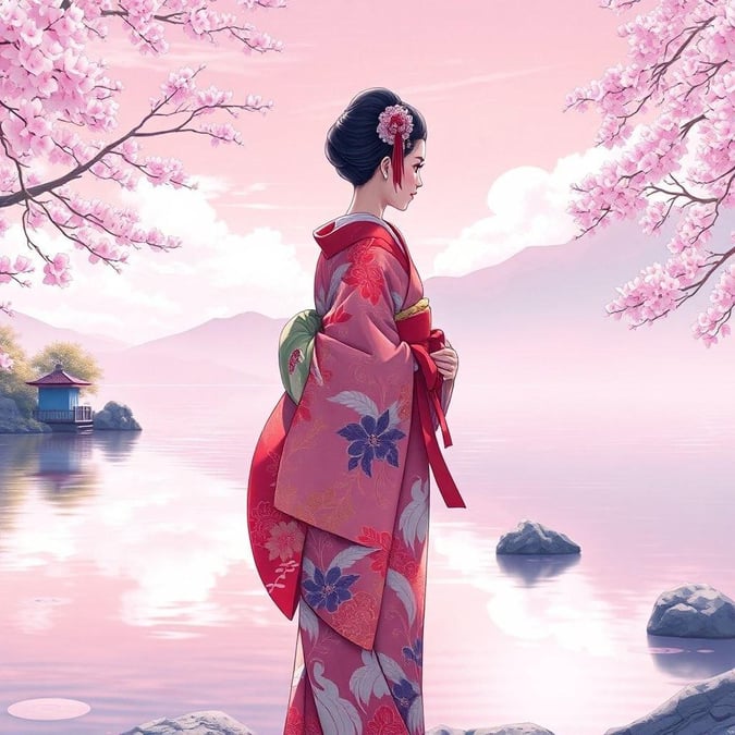 Bu anime esinli duvar kağıdının huzurlu güzelliğine dalın, sakin bir gölün kenarında zarifçe duran bir geisha'yı öne çıkarıyor. Karmaşık desenlere sahip canlı kimono, sahneye bir zarafet dokunuşu katarken, pembe ve beyaz tonları rahatlatıcı bir atmosfer yaratıyor.