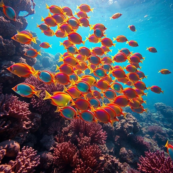 A vibrant scene from the deep sea, where the colorful schools of fish are swimming in a coral reef. The image captures a moment of underwater beauty with its array of pink, red, and yellow hues.