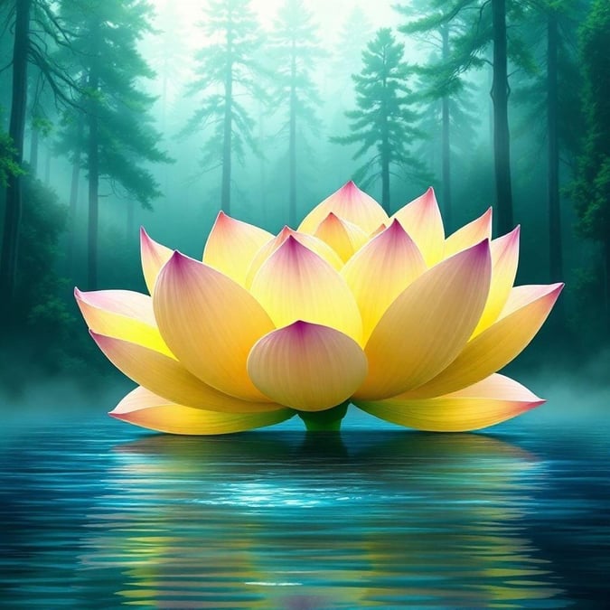 This stunning wallpaper features a large lotus flower with intricate petals, set against a serene green and blue background. The flower's bright yellow petals and long green stem are surrounded by a misty forest of tall trees, creating an anime-like image that is both peaceful and captivating.