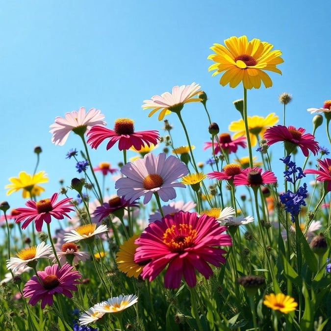 A colorful field blooming with various flowers, showcasing the beauty of nature.