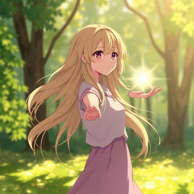 Questo sfondo anime presenta una timida ragazza delle superiori con una cascata di capelli chiari, catturando il potere della sua mano in un'illustrazione dettagliata. Lo sfondo è una foresta sfocata di verde e giallo, creando un'atmosfera incantevole.