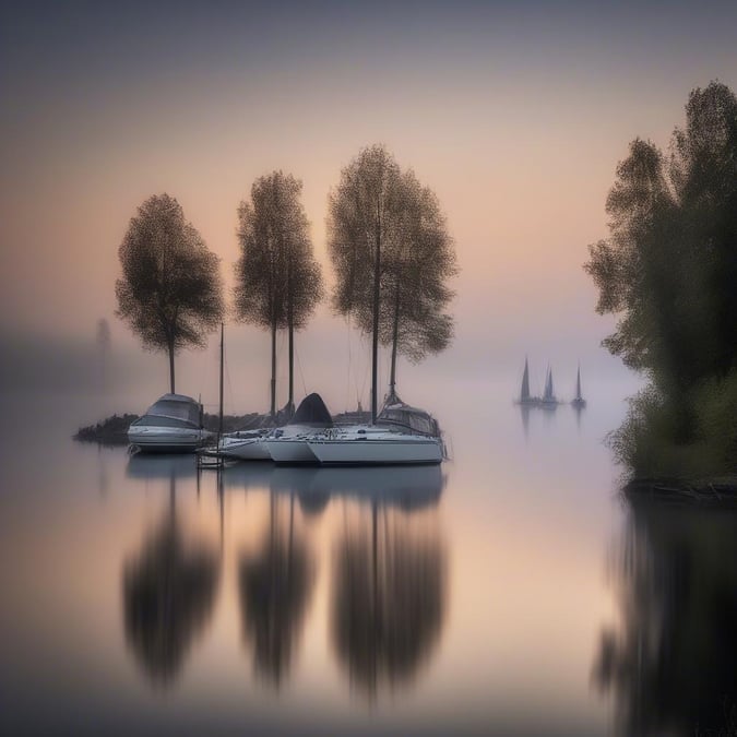 A serene view of sailboats gently resting on the water, with silhouettes of trees along the shore. The tranquil sunset scene is a perfect backdrop for your desktop or mobile wallpaper.