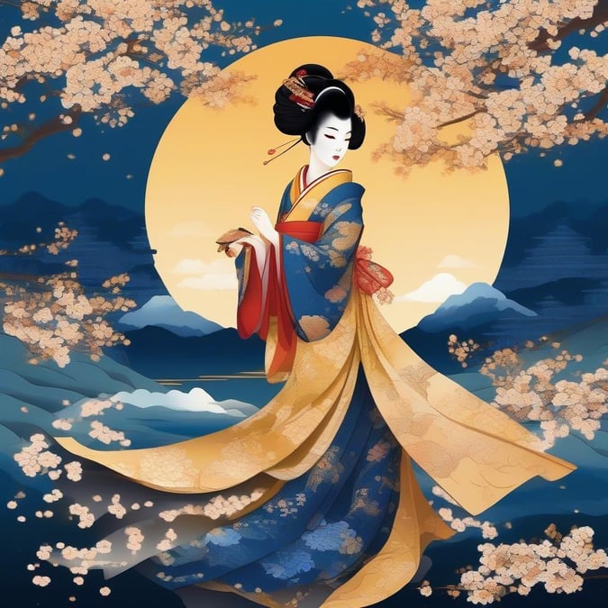 Denna bakgrund bild fångar den tidlösa elegansen hos en japansk geisha mitt i ett hav av blommande körsbärsträd. Den livliga kimonon, rik på guld- och blå nyanser, kontrasterar vackert med den lugna bakgrunden av en djupblå himmel och avlägsna berg under den nedgående solen. En touch av mysterium ger charm till denna lugna scen, vilket gör den till en idealisk skrivbordsbakgrund.