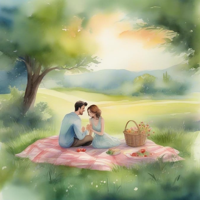 Enjoy a romantic picnic with your loved one, set against the backdrop of a beautiful sunset and lush green fields. The image captures an intimate moment between a man and woman, seated together on a blanket on the grass, sharing a basket of goodies and conversation under a tree.