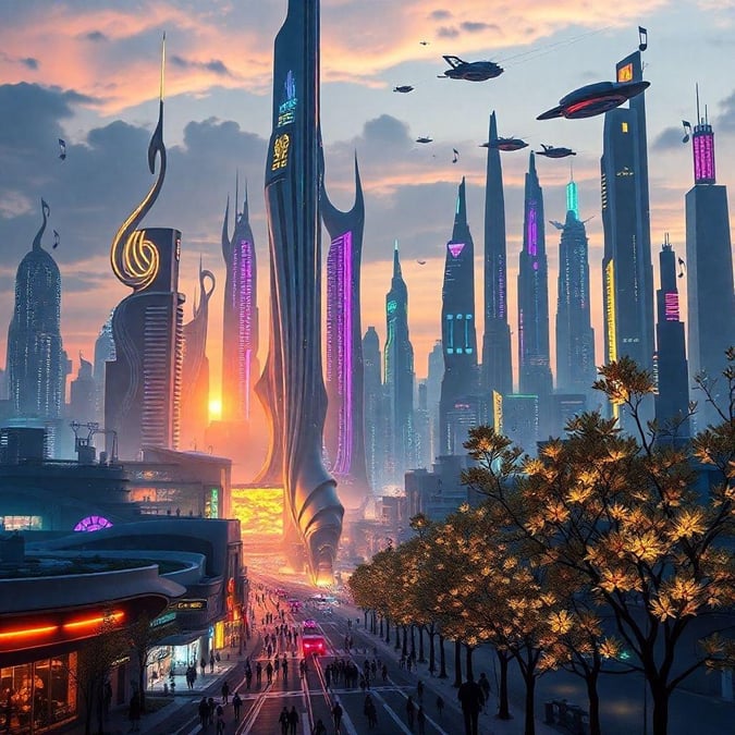 A bustling futuristic city set against the backdrop of an alien sunset, with a vibrant neon glow illuminating the street below.