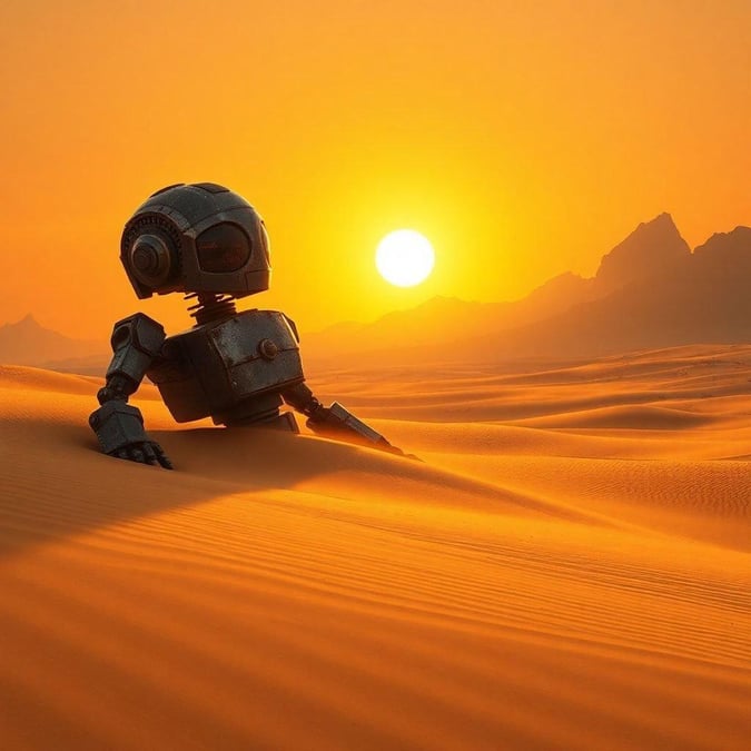 A lone robot stands against the golden sunset in a desert landscape.